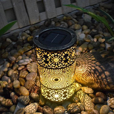 Solar Retro Iron Lantern Hollow Outdoor Decorative Camping Landscape Light
