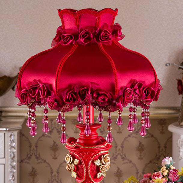 European Wedding Red Fabric Tassel Resin 1-Light Table Lamp