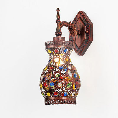 Vintage Bohemian Colored Gemstone Antique Iron Lantern 1-Light Wall Sconce Lamp