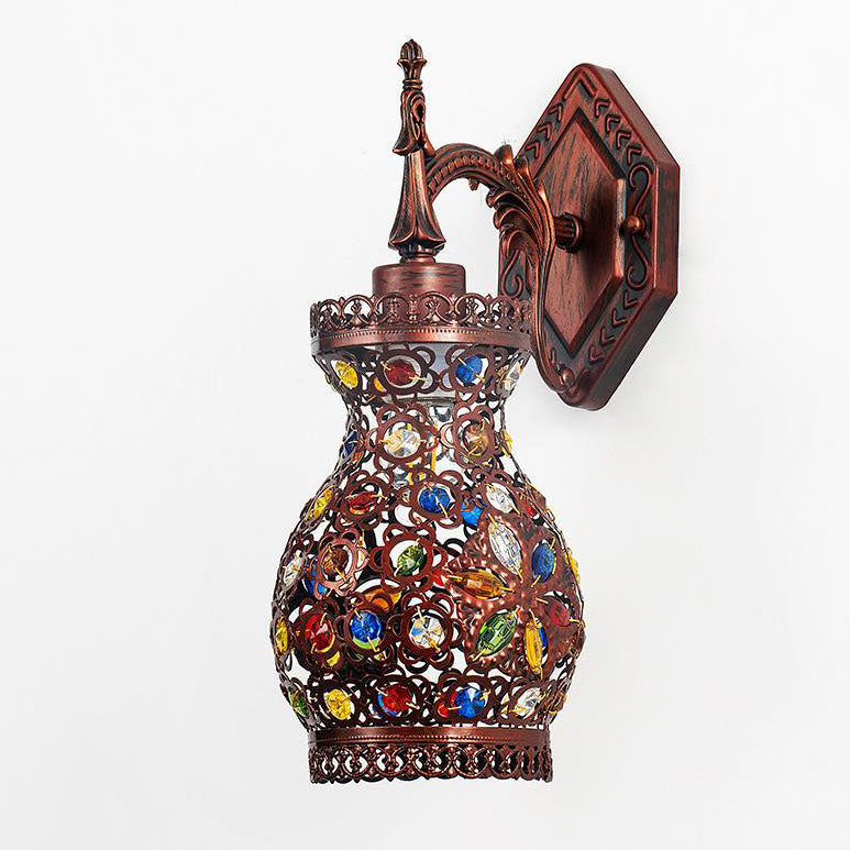 Vintage Bohemian Colored Gemstone Antique Iron Lantern 1-Light Wall Sconce Lamp