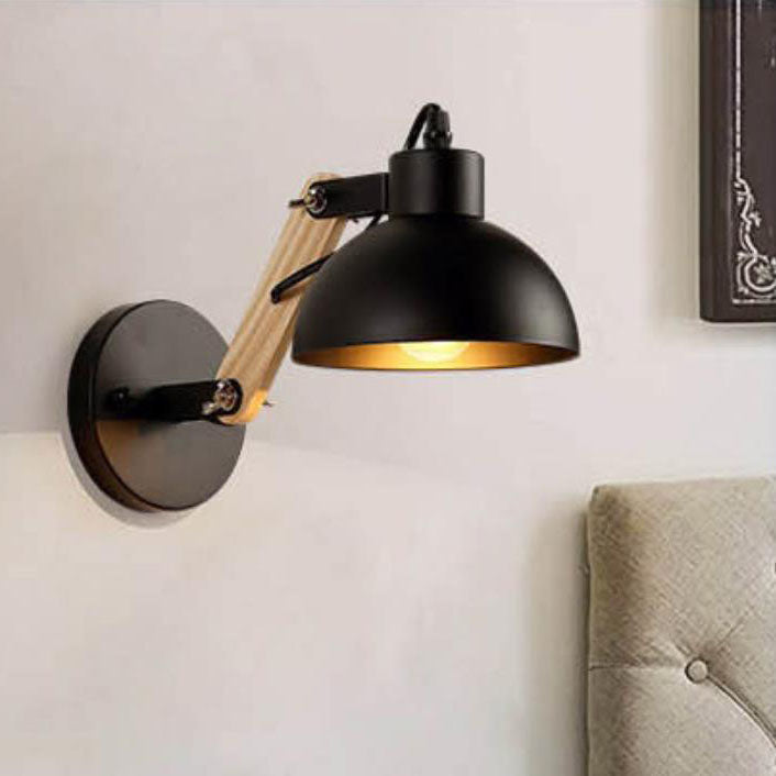 Industrial Simple Dome Retractable Wood Arm 1-Light Wall Sconce Lamp