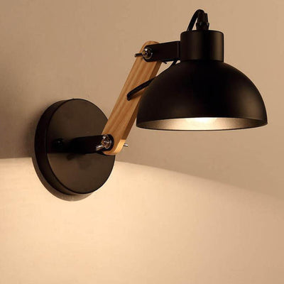 Industrial Simple Dome Retractable Wood Arm 1-Light Wall Sconce Lamp