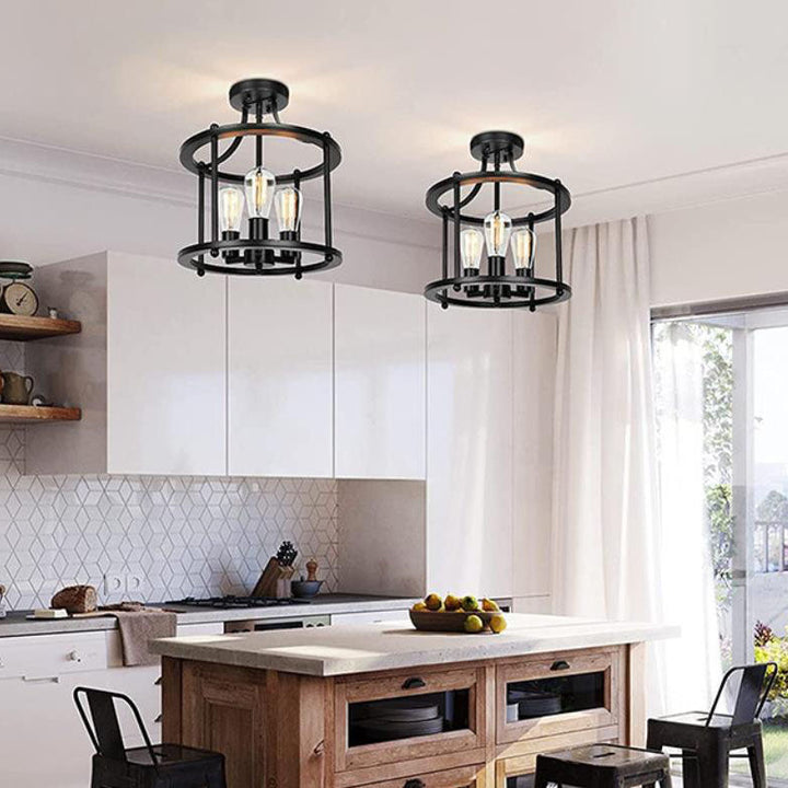 Industrial Vintage Round Drum 3-Light Semi-Flush Mount Ceiling Light