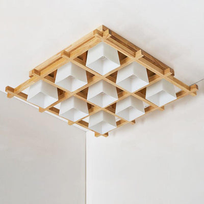 Japanese Minimalist Wooden Square Cube Shade 4/6/9 Light Flush Mount Ceiling Light