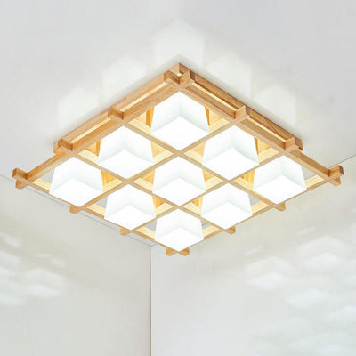 Japanese Minimalist Wooden Square Cube Shade 4/6/9 Light Flush Mount Ceiling Light