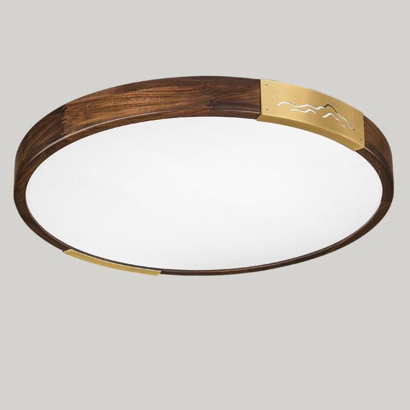 Modern Chinese Walnut Solid Wood Round Square Geometry LED Flush Mount Ceiling Light