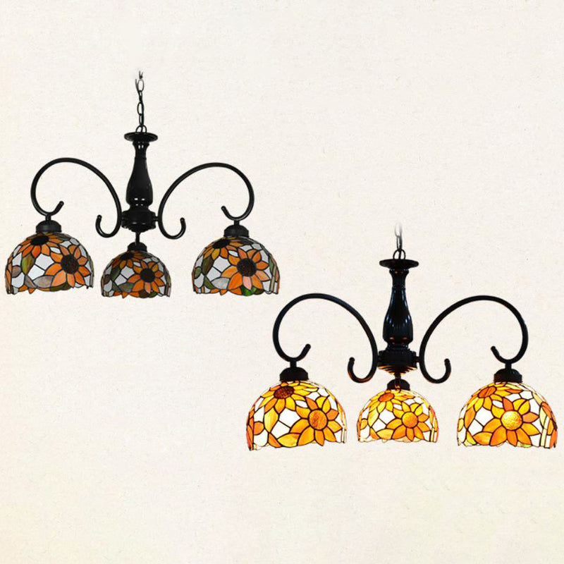 European Tiffany Sunflower Dome Stained Glass 3-Light Chandelier