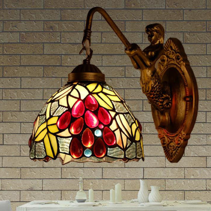 Vintage Tiffany Grape Stained Glass Dome 1-Light Wall Sconce Lamp