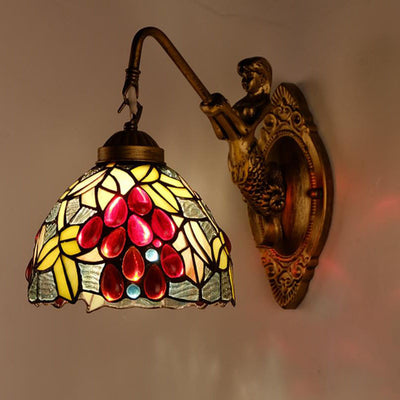 Vintage Tiffany Grape Stained Glass Dome 1-Light Wall Sconce Lamp