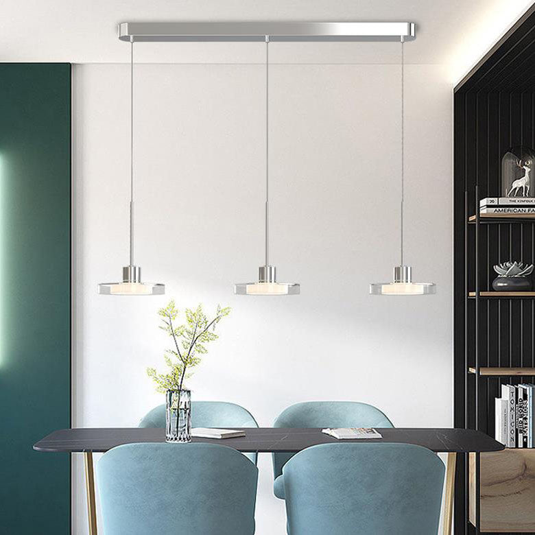 Zeitgenössische nordische rechteckige, runde Pendelleuchte aus Aluminium, Glas, Acryl und Edelstahl, 1/3 Licht LED-Inselleuchter für das Esszimmer 