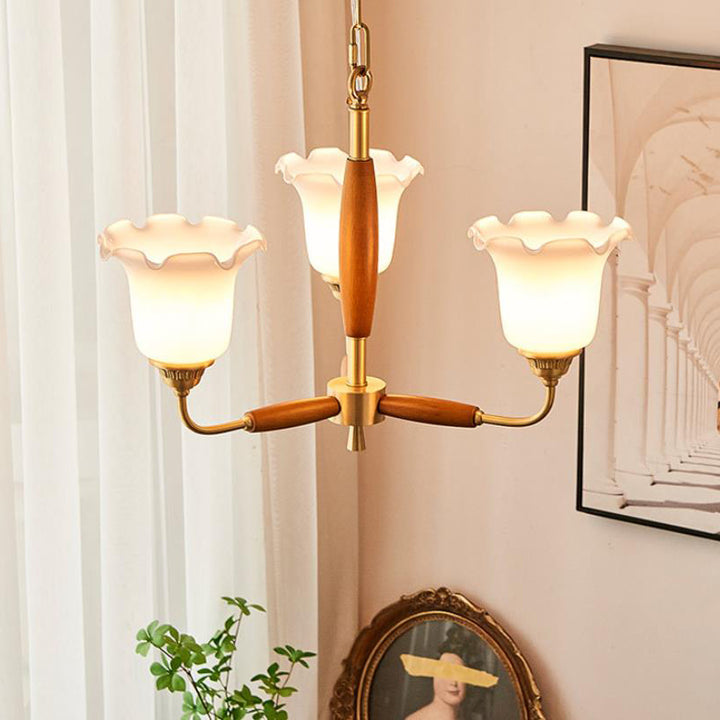 European Vintage Rustic Copper Wood Glass 3/5/8-Light Chandelier