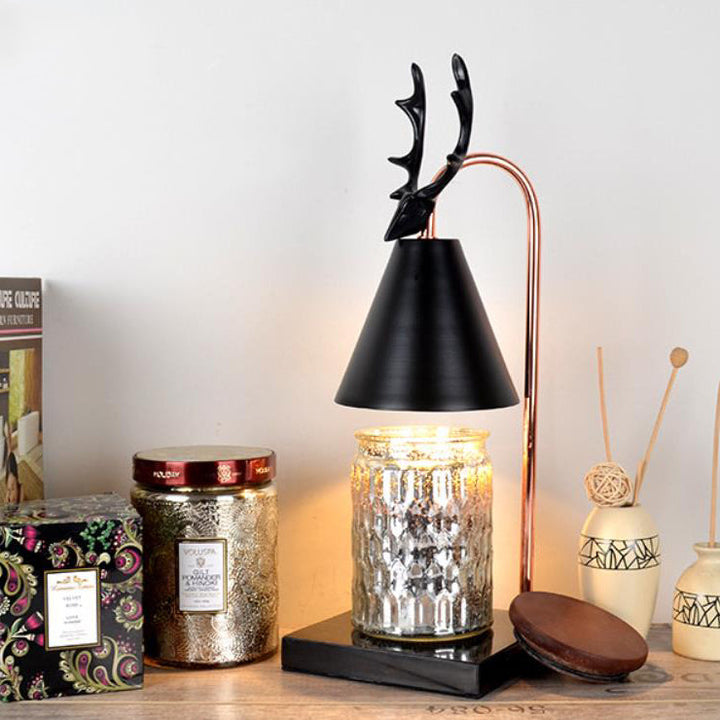 Lampe de Table Moderne Luxe Léger Bois de Chêne Fer Noir Blanc Pur à 1 Lumière avec Cire Fondante en Forme de Bois de Cerf 
