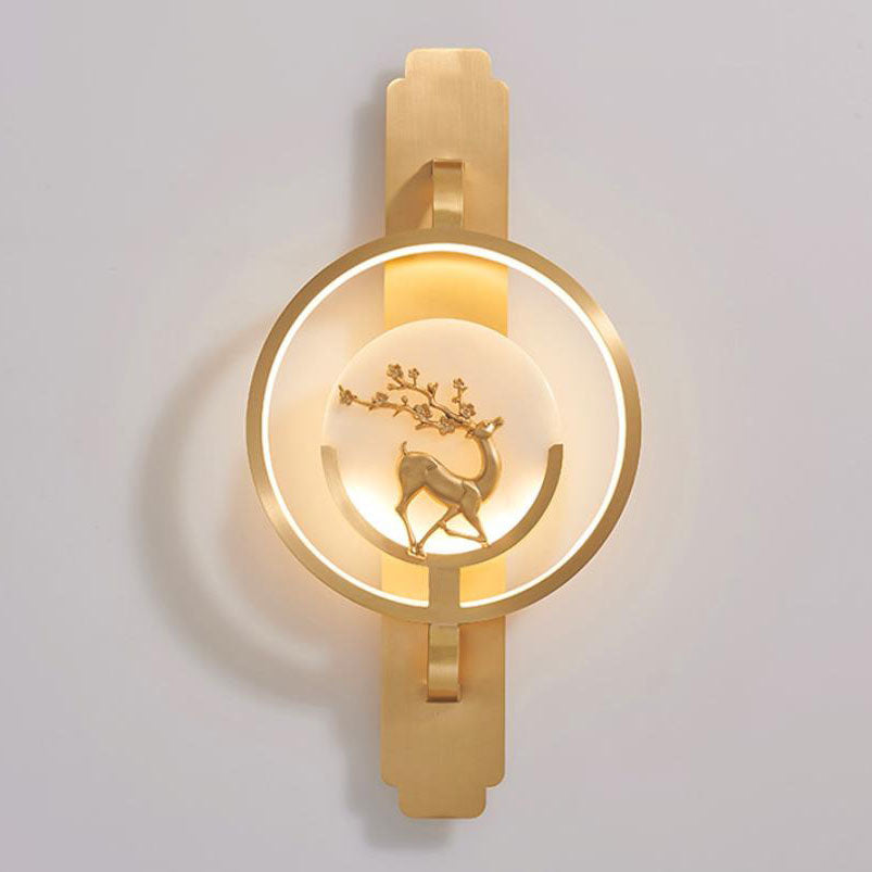 Aplique de pared LED de mármol y cobre redondo con diseño de ciervo de lujo moderno 