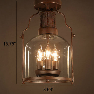 Industrial Vintage Antique Iron Glass Lantern 3-Light Semi-Flush Mount Ceiling Light