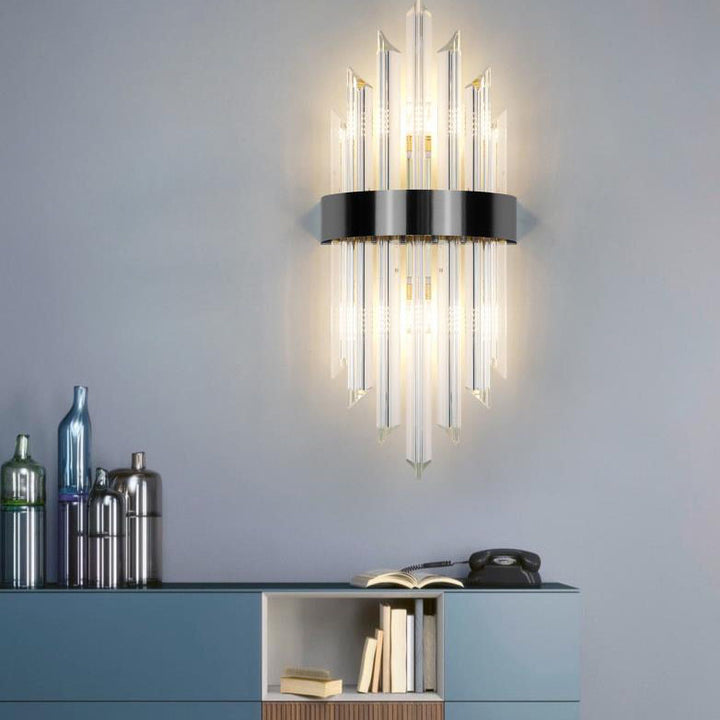 Moderne luxuriöse 2-flammige Wandleuchte aus Glas, Kristallstäben und Edelstahl 