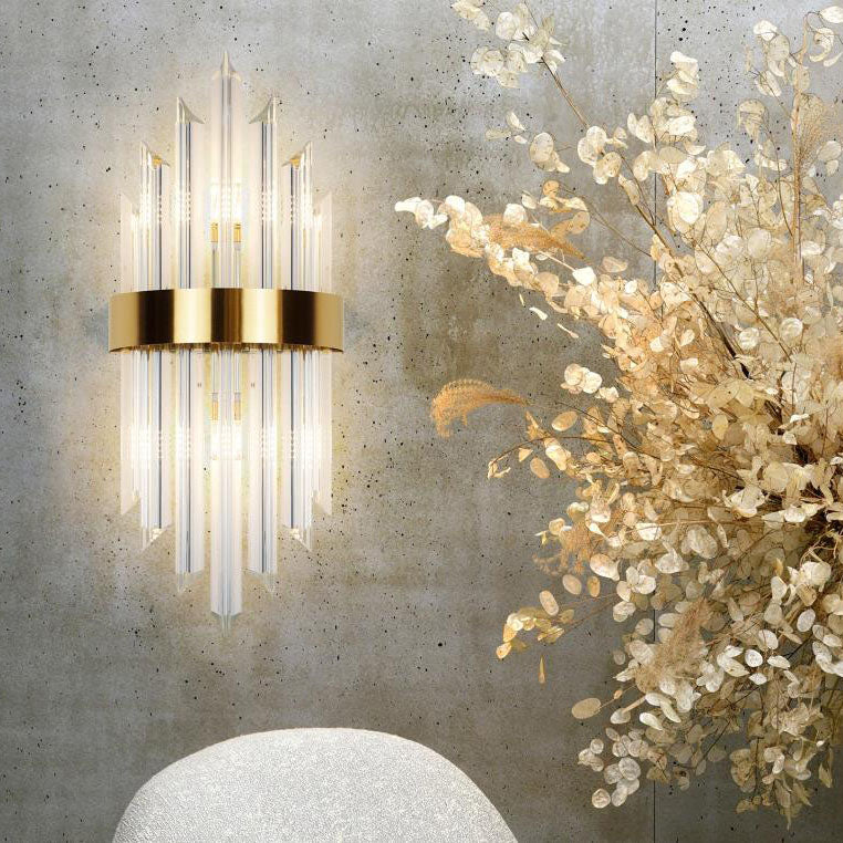 Moderne luxuriöse 2-flammige Wandleuchte aus Glas, Kristallstäben und Edelstahl 