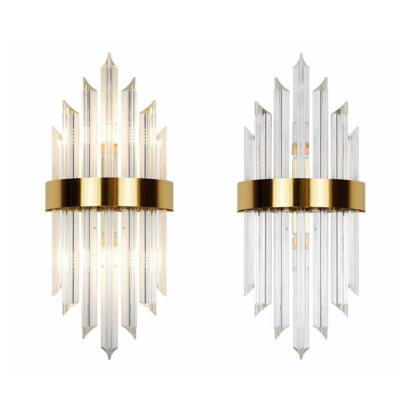 Moderne luxuriöse 2-flammige Wandleuchte aus Glas, Kristallstäben und Edelstahl 