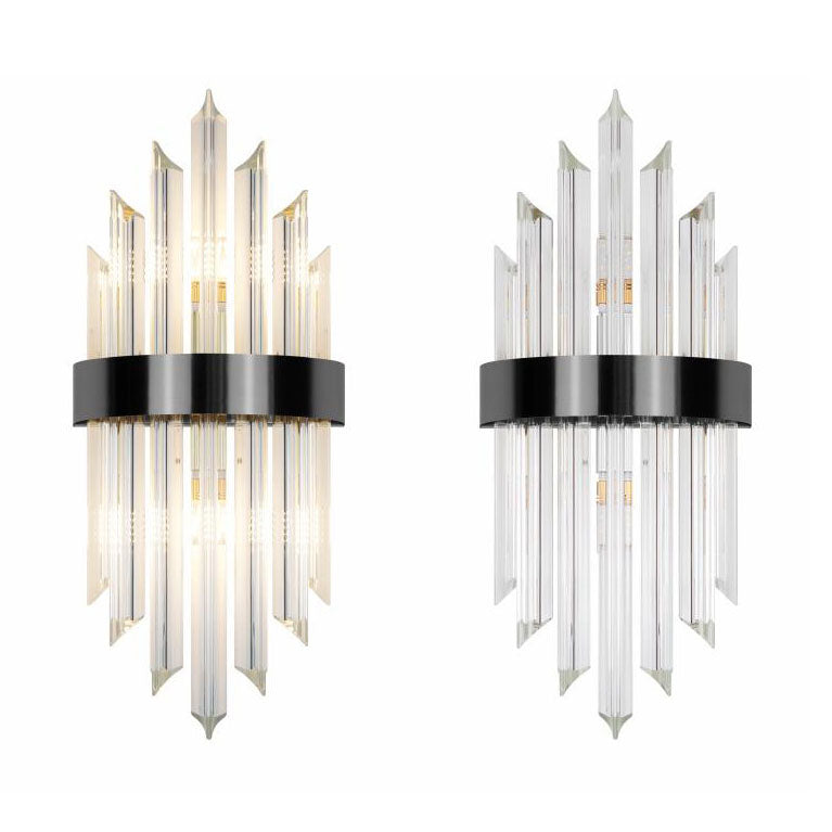 Moderne luxuriöse 2-flammige Wandleuchte aus Glas, Kristallstäben und Edelstahl 