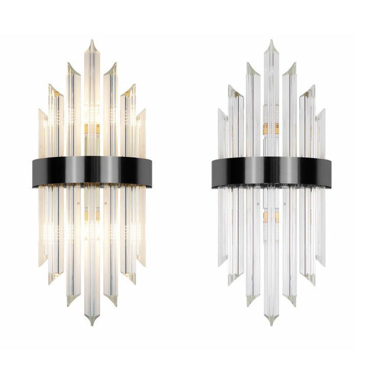 Moderne luxuriöse 2-flammige Wandleuchte aus Glas, Kristallstäben und Edelstahl 