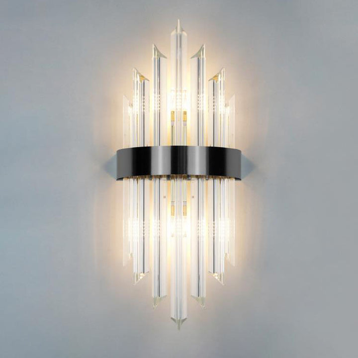 Moderne luxuriöse 2-flammige Wandleuchte aus Glas, Kristallstäben und Edelstahl 
