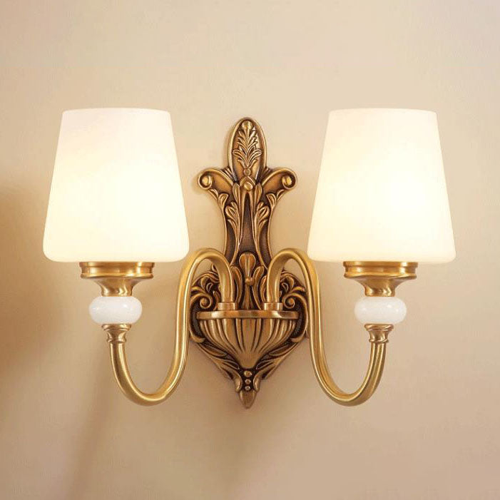 Traditional European Jade Glass Brass Cone Cup Shade 1/2 Light Wall Sconce Lamp For Bedroom