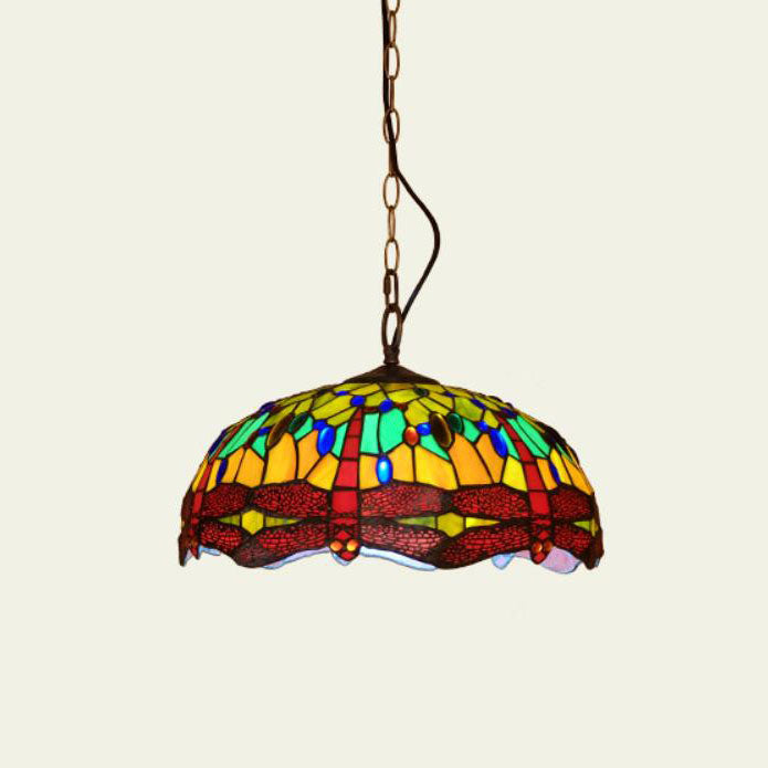 Tiffany European Dragonfly Stained Glass Dome 1-Light Pendant Light