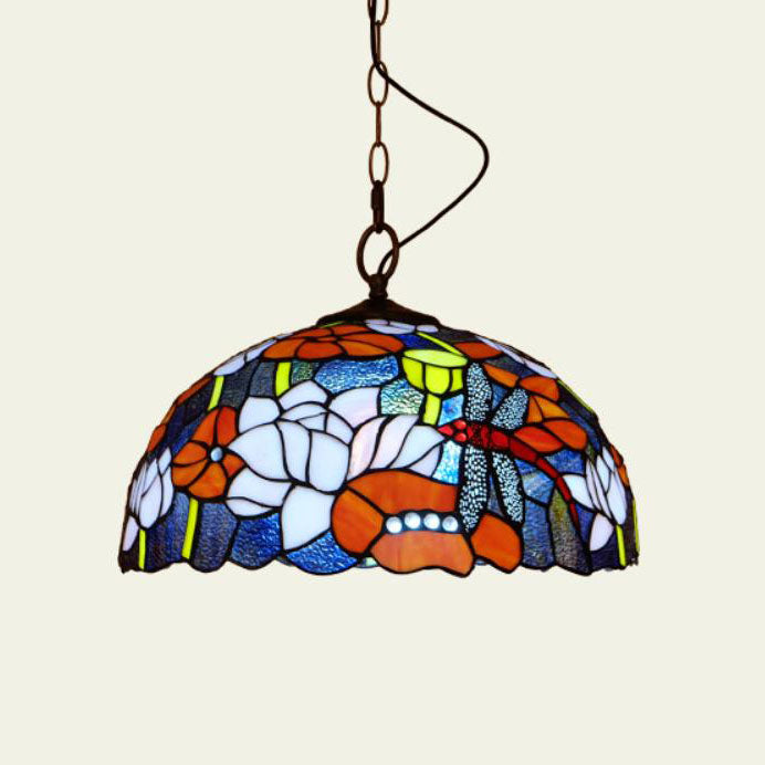 Tiffany European Dragonfly Stained Glass Dome 1-Light Pendant Light