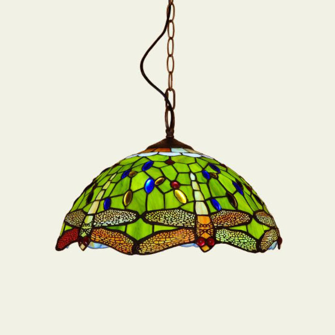 Tiffany European Dragonfly Stained Glass Dome 1-Light Pendant Light