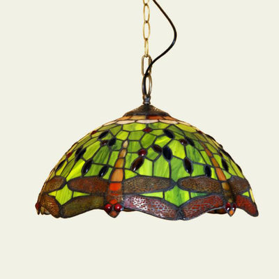 Tiffany European Dragonfly Stained Glass Dome 1-Light Pendant Light