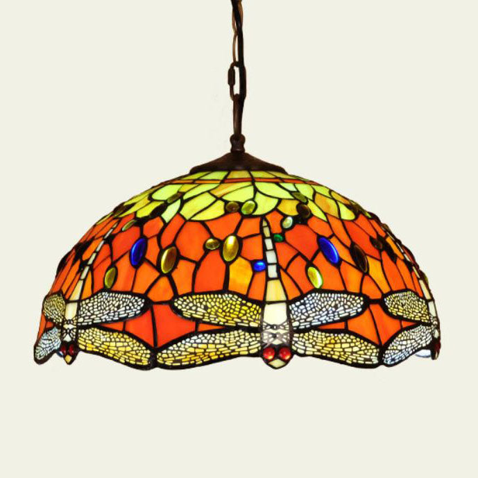 Tiffany European Dragonfly Stained Glass Dome 1-Light Pendant Light