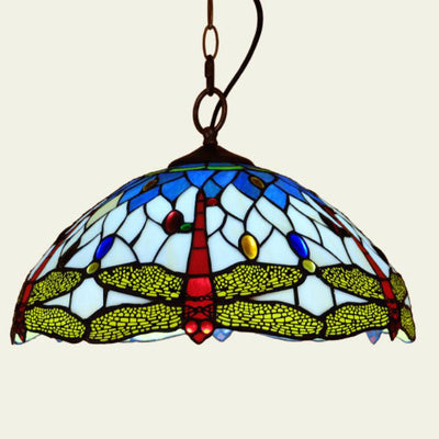 Tiffany European Dragonfly Stained Glass Dome 1-Light Pendant Light