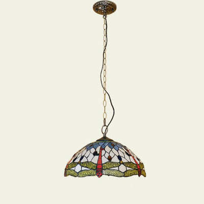 Tiffany European Dragonfly Stained Glass Dome 1-Light Pendant Light