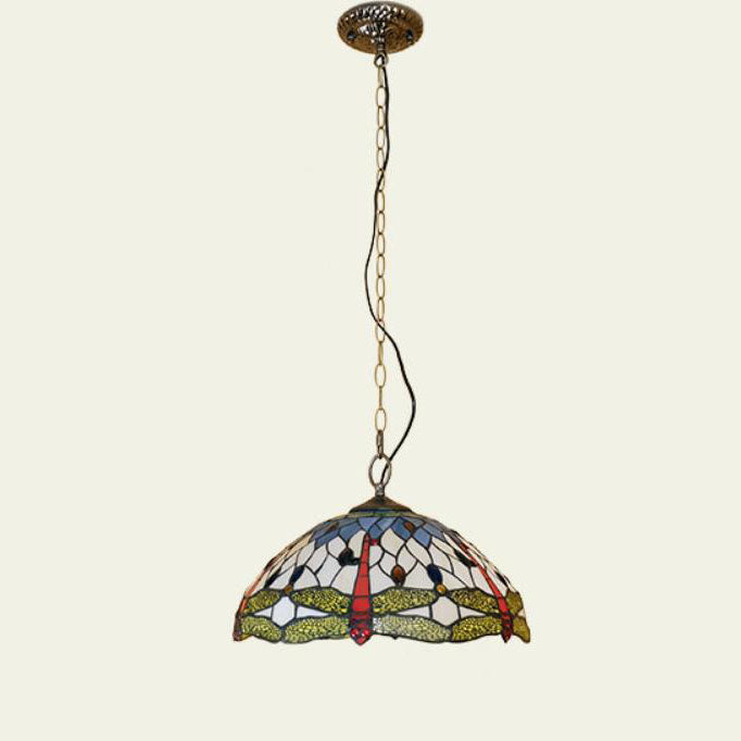 Tiffany European Dragonfly Stained Glass Dome 1-Light Pendant Light