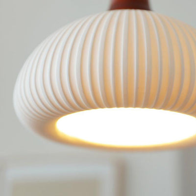 Japanese Vintage Pleated Ceramic Round Dome Wood 1-Light Pendant Light