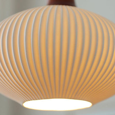 Japanese Vintage Pleated Ceramic Round Dome Wood 1-Light Pendant Light