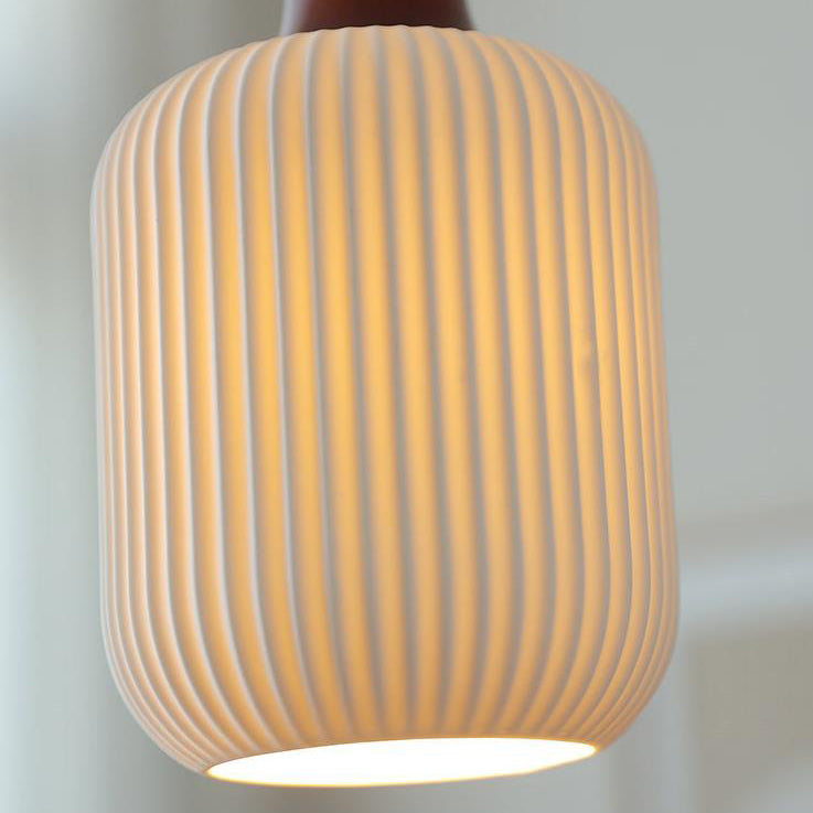 Japanese Vintage Pleated Ceramic Round Dome Wood 1-Light Pendant Light