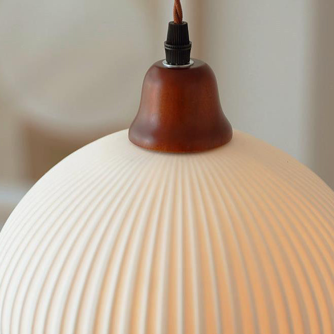 Japanese Vintage Pleated Ceramic Round Dome Wood 1-Light Pendant Light