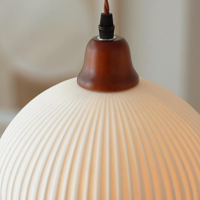 Japanese Vintage Pleated Ceramic Round Dome Wood 1-Light Pendant Light