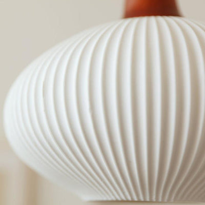 Japanese Vintage Pleated Ceramic Round Dome Wood 1-Light Pendant Light
