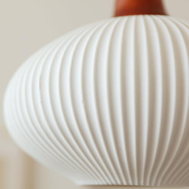 Japanese Vintage Pleated Ceramic Round Dome Wood 1-Light Pendant Light