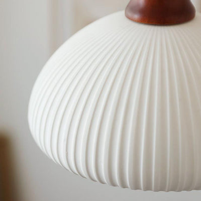 Japanese Vintage Pleated Ceramic Round Dome Wood 1-Light Pendant Light