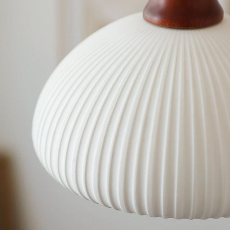 Japanese Vintage Pleated Ceramic Round Dome Wood 1-Light Pendant Light