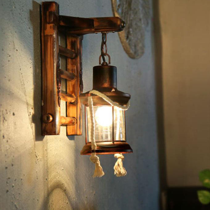 Aplique de pared de 1 luz estilo industrial contemporáneo con lámpara de queroseno, cuerda de cáñamo, base de bambú y cordel de hierro 
