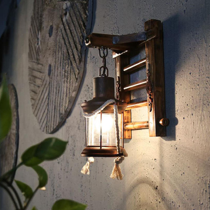 Aplique de pared de 1 luz estilo industrial contemporáneo con lámpara de queroseno, cuerda de cáñamo, base de bambú y cordel de hierro 