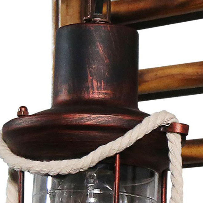 Aplique de pared de 1 luz estilo industrial contemporáneo con lámpara de queroseno, cuerda de cáñamo, base de bambú y cordel de hierro 