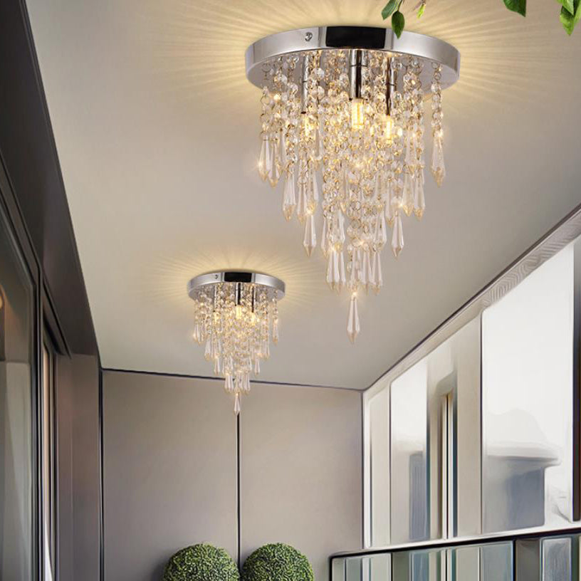 Modern Minimalist Crystal Hardware Bead Curtain Round 3-Light Flush Mount Ceiling Light for Living Room