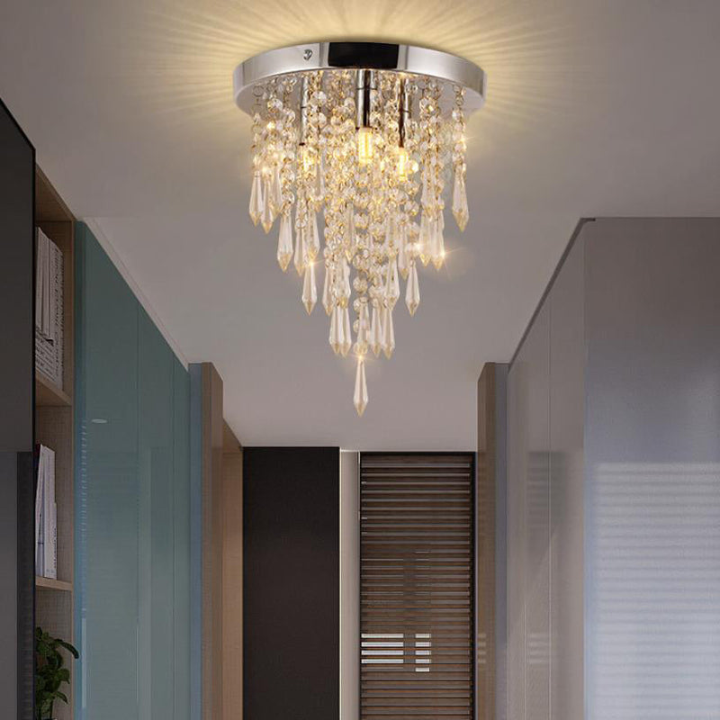 Modern Minimalist Crystal Bead Curtain Round 3-Light Flush Mount Ceiling Light