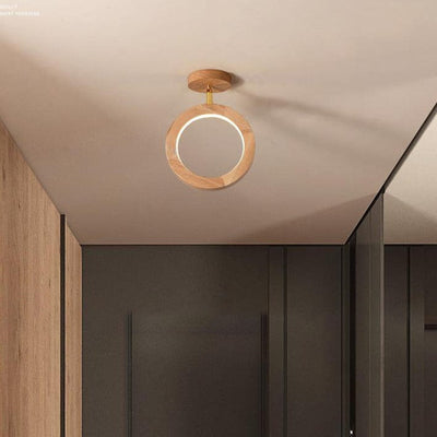 Nordic Minimalist Solid Wood Circle Ring LED Semi-Flush Mount Ceiling Light