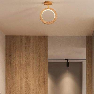 Japanische minimalistische Glas-Eisen-Woodgrain-Deckenleuchte mit 1 Licht, halbbündige Montage