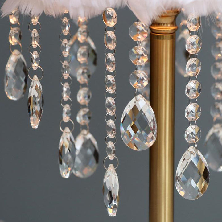 Lámpara de mesa contemporánea y creativa de hierro con plumas, cristal redondo y borlas, de 1 luz, para dormitorio 